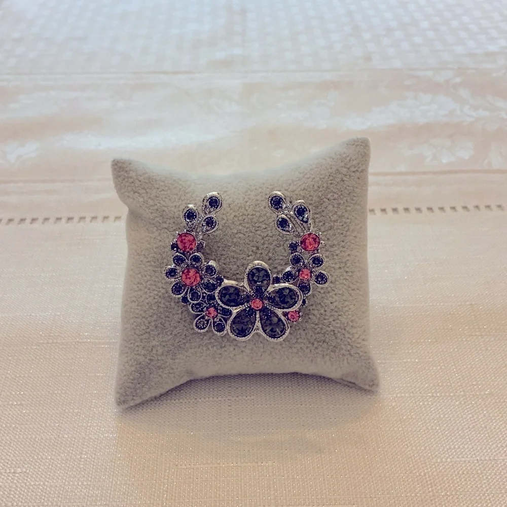 Crescent Floral Silver Tone Brooch